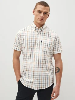 Cream/Blue Tattersall Check Easy Iron Button Down Short Sleeve Oxford Shirt