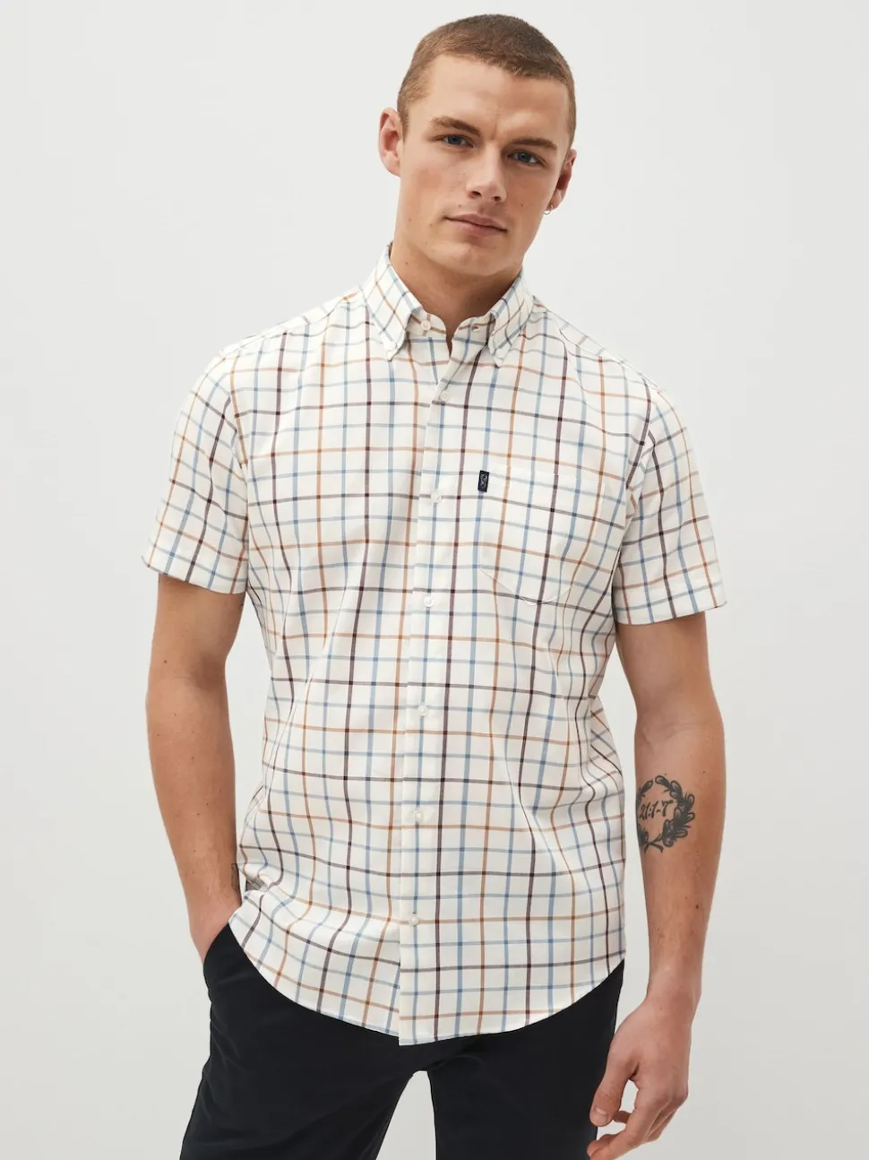 Cream/Blue Tattersall Check Easy Iron Button Down Short Sleeve Oxford Shirt