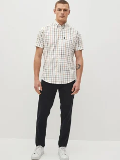Cream/Blue Tattersall Check Easy Iron Button Down Short Sleeve Oxford Shirt
