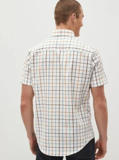 Cream/Blue Tattersall Check Easy Iron Button Down Short Sleeve Oxford Shirt