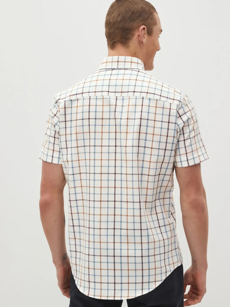 Cream/Blue Tattersall Check Easy Iron Button Down Short Sleeve Oxford Shirt