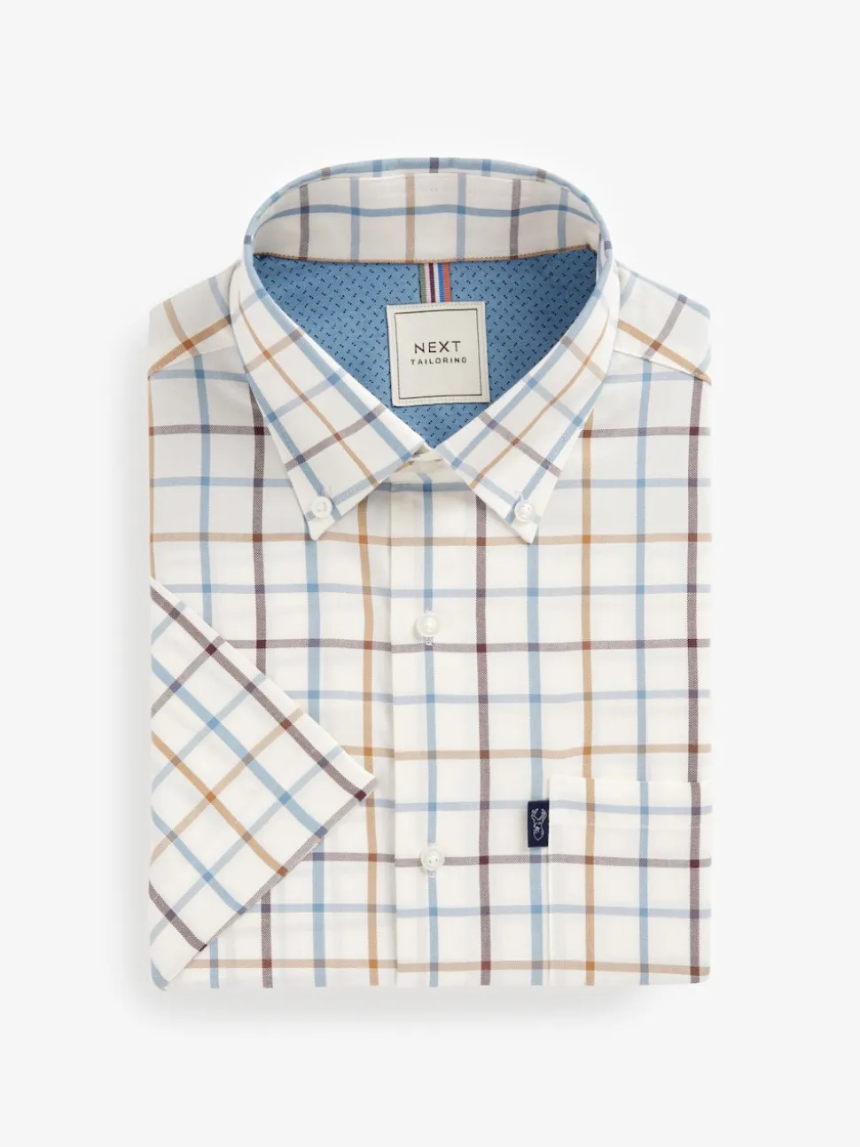 Cream/Blue Tattersall Check Easy Iron Button Down Short Sleeve Oxford Shirt