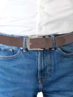 D555 Brown HARRISON Large Buckle Faux 3.9cm Width Leather Belt
