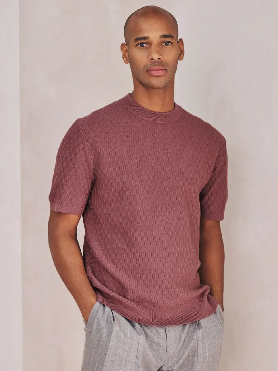 Damson Pink N.Premium Regular Fit Mid Weight Textured Knitted Crew Neck T-Shirt