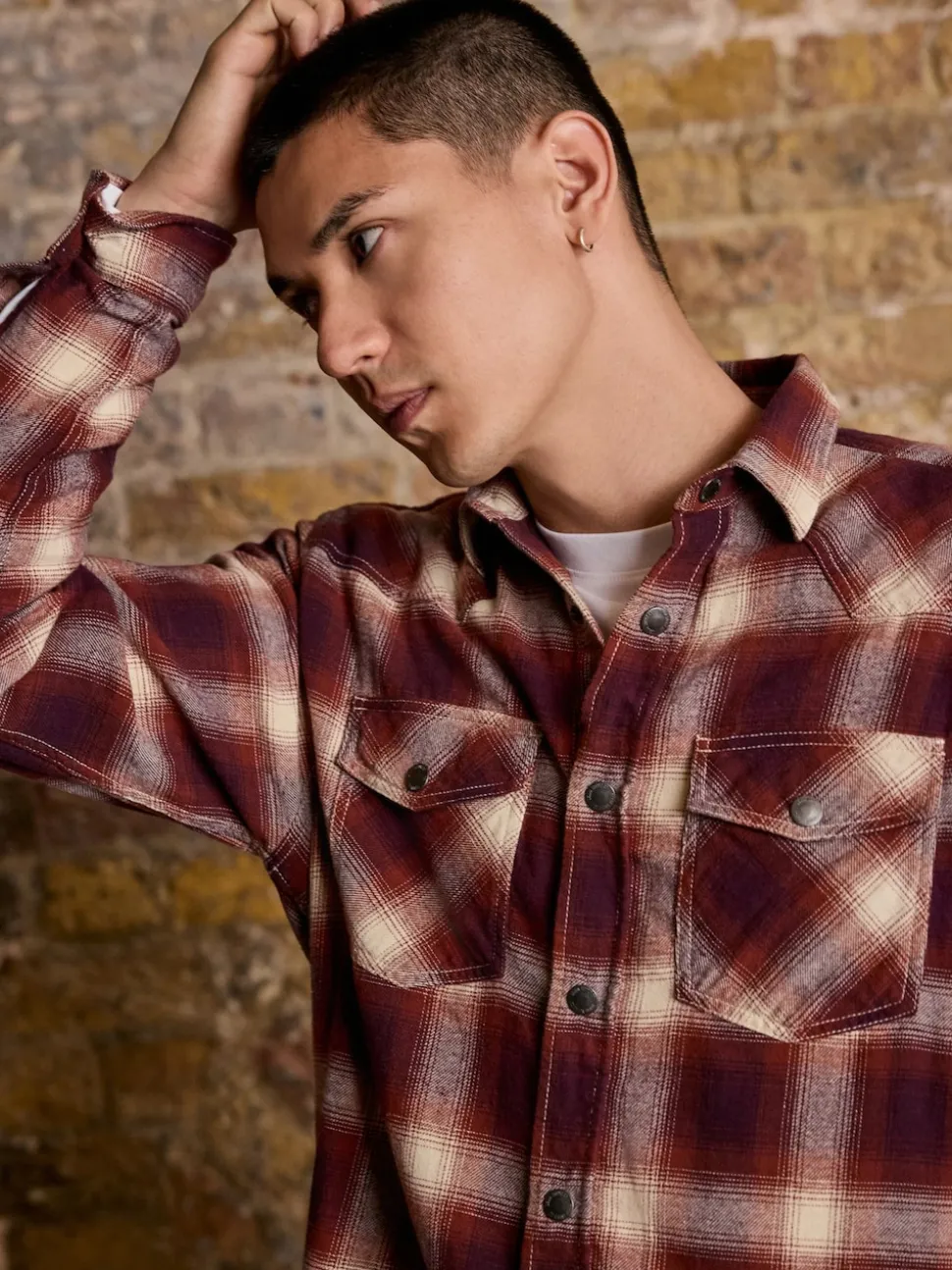 Damson Red Western Style Ombre Check Long Sleeve Shirt