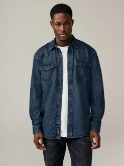 Dark Blue Denim Western 100% Cotton Long Sleeve Shirt