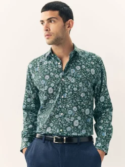 Dark Green Ditsy Regular Fit Long Sleeve Print Shirt