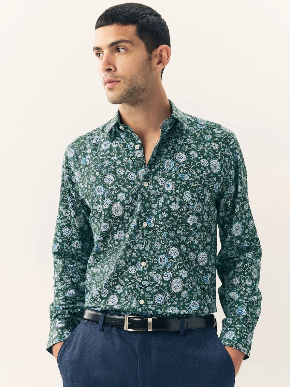 Dark Green Ditsy Regular Fit Long Sleeve Print Shirt