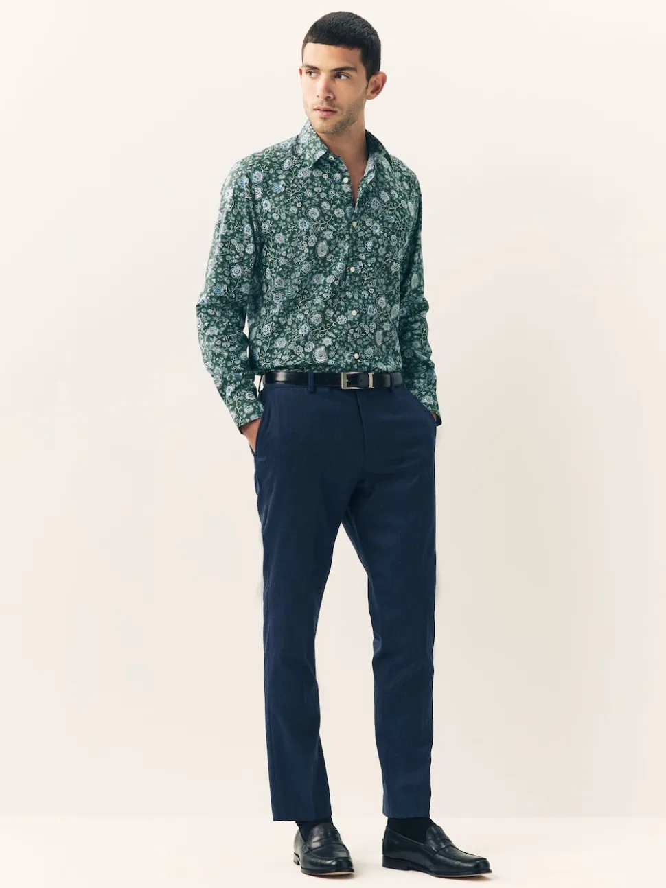 Dark Green Ditsy Regular Fit Long Sleeve Print Shirt