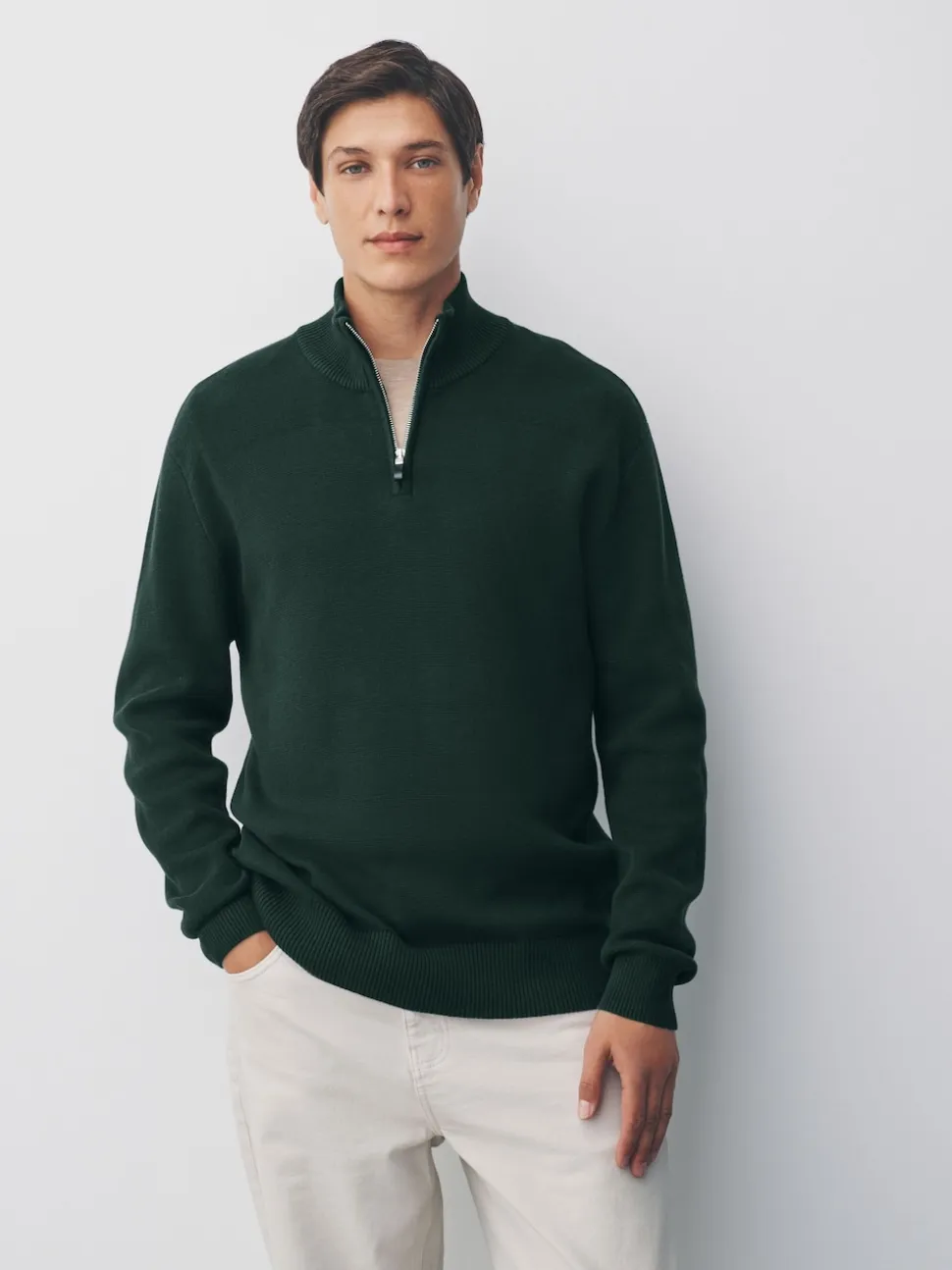 Dark Green Plain N.Premium Regular Fit 100% Cotton Premium Quarter Zip Jumper