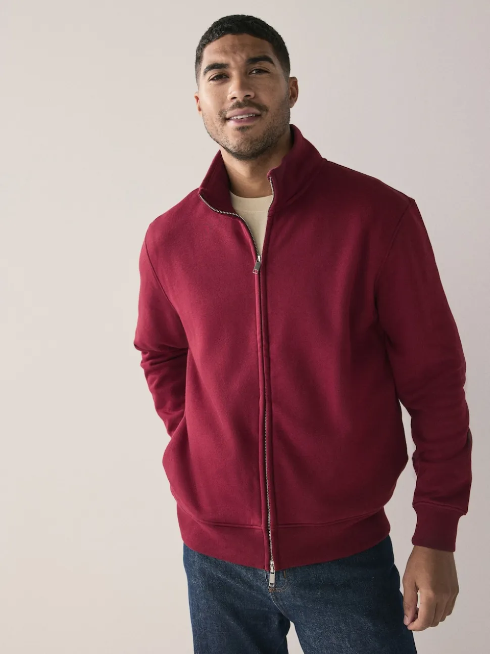 Dark Red Cotton Rich Jersey Full Zip Funnel Neck Sweatshirt