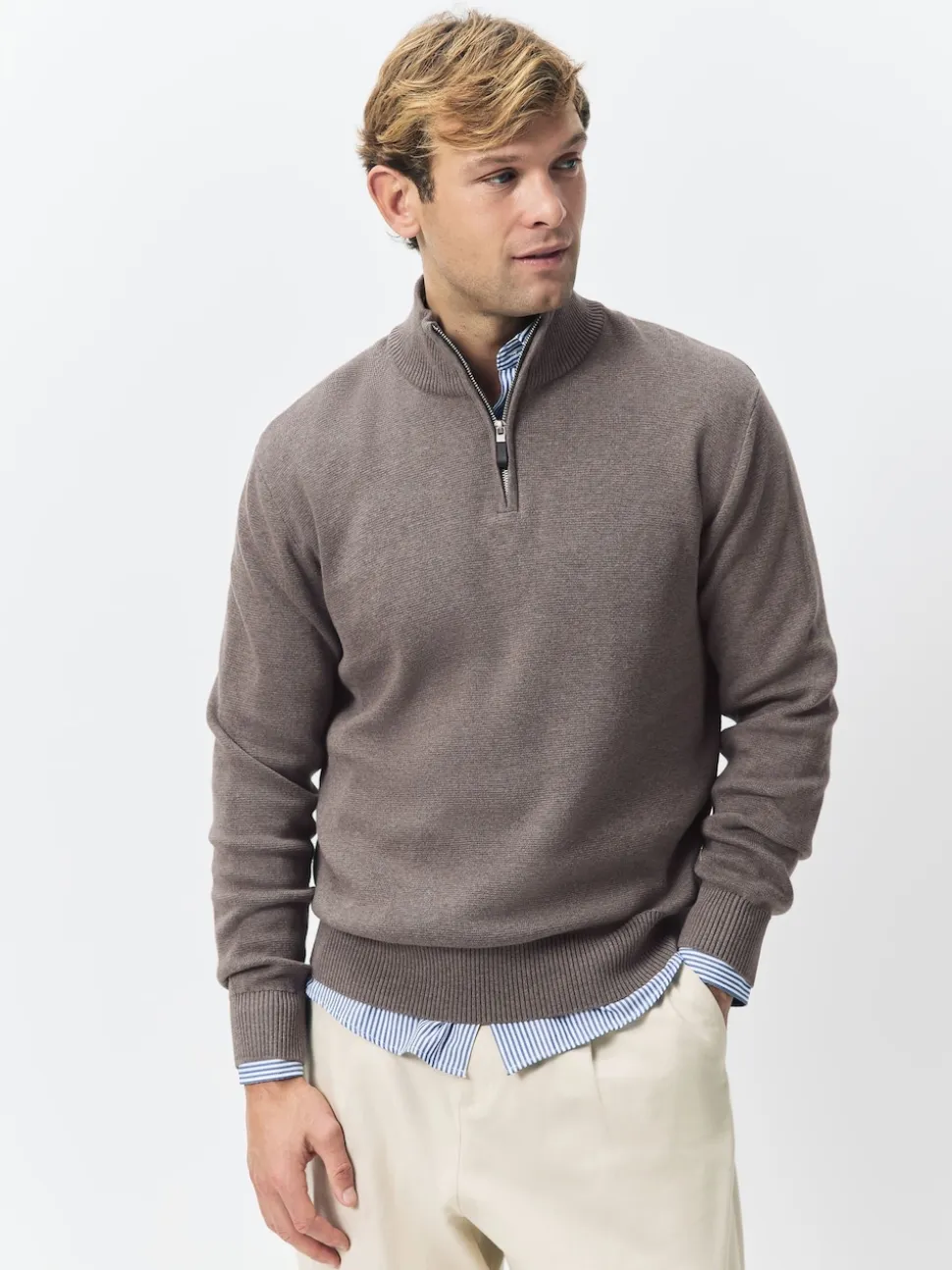 Dark Stone/Sage Green N.Premium 100% Cotton Regular Fit Premium Quarter Zip Jumpers 2 Pack