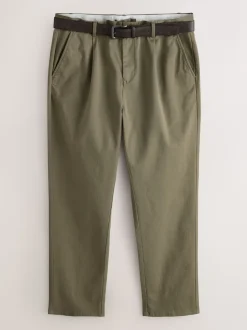 Dark Tan Straight Fit Belted Soft Touch Pleated Chino Trousers
