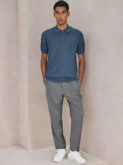 Denim Blue N.Premium Regular Fit Checkerboard Knitted Short Sleeve Zip Neck Polo Shirt