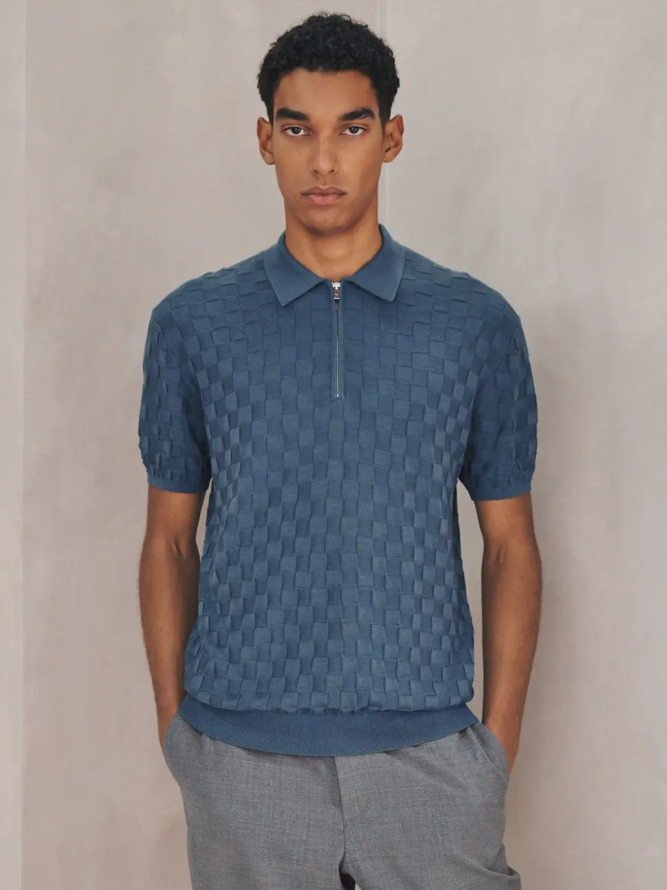 Denim Blue N.Premium Regular Fit Checkerboard Knitted Short Sleeve Zip Neck Polo Shirt