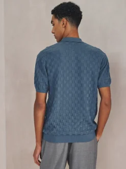 Denim Blue N.Premium Regular Fit Checkerboard Knitted Short Sleeve Zip Neck Polo Shirt