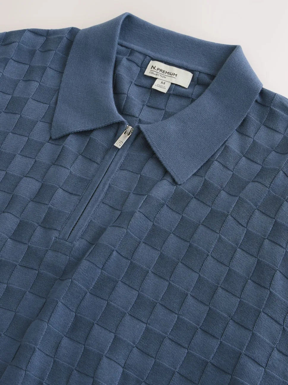 Denim Blue N.Premium Regular Fit Checkerboard Knitted Short Sleeve Zip Neck Polo Shirt