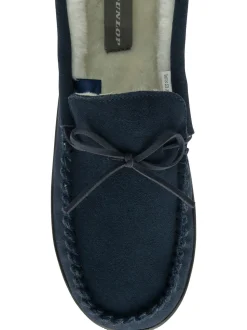 Dunlop Blue Mens Faux Fur Lined Leather Moccasin Slippers