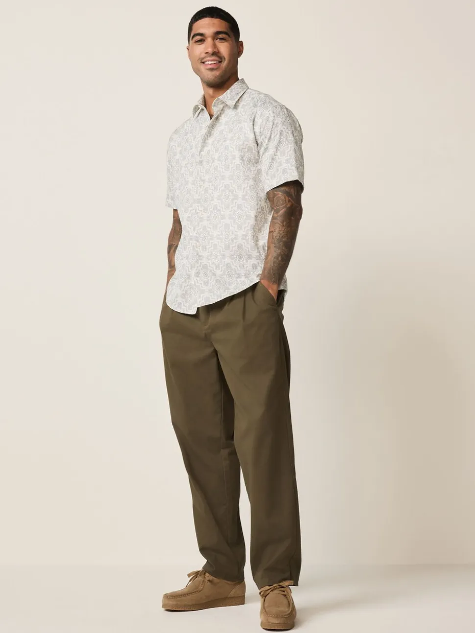Ecru Floral Print Short Sleeve Shirt