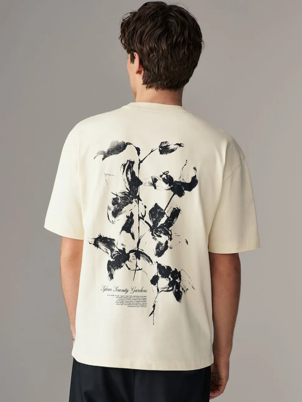 Ecru Floral Relaxed Fit Graphic Print Heavy Weight T-Shirt