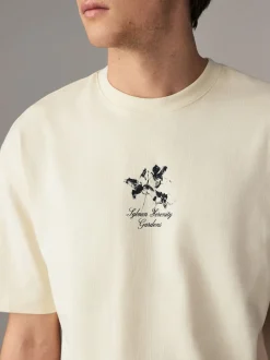 Ecru Floral Relaxed Fit Graphic Print Heavy Weight T-Shirt