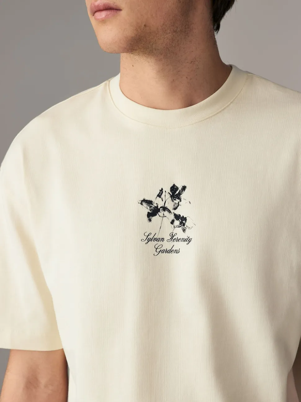 Ecru Floral Relaxed Fit Graphic Print Heavy Weight T-Shirt