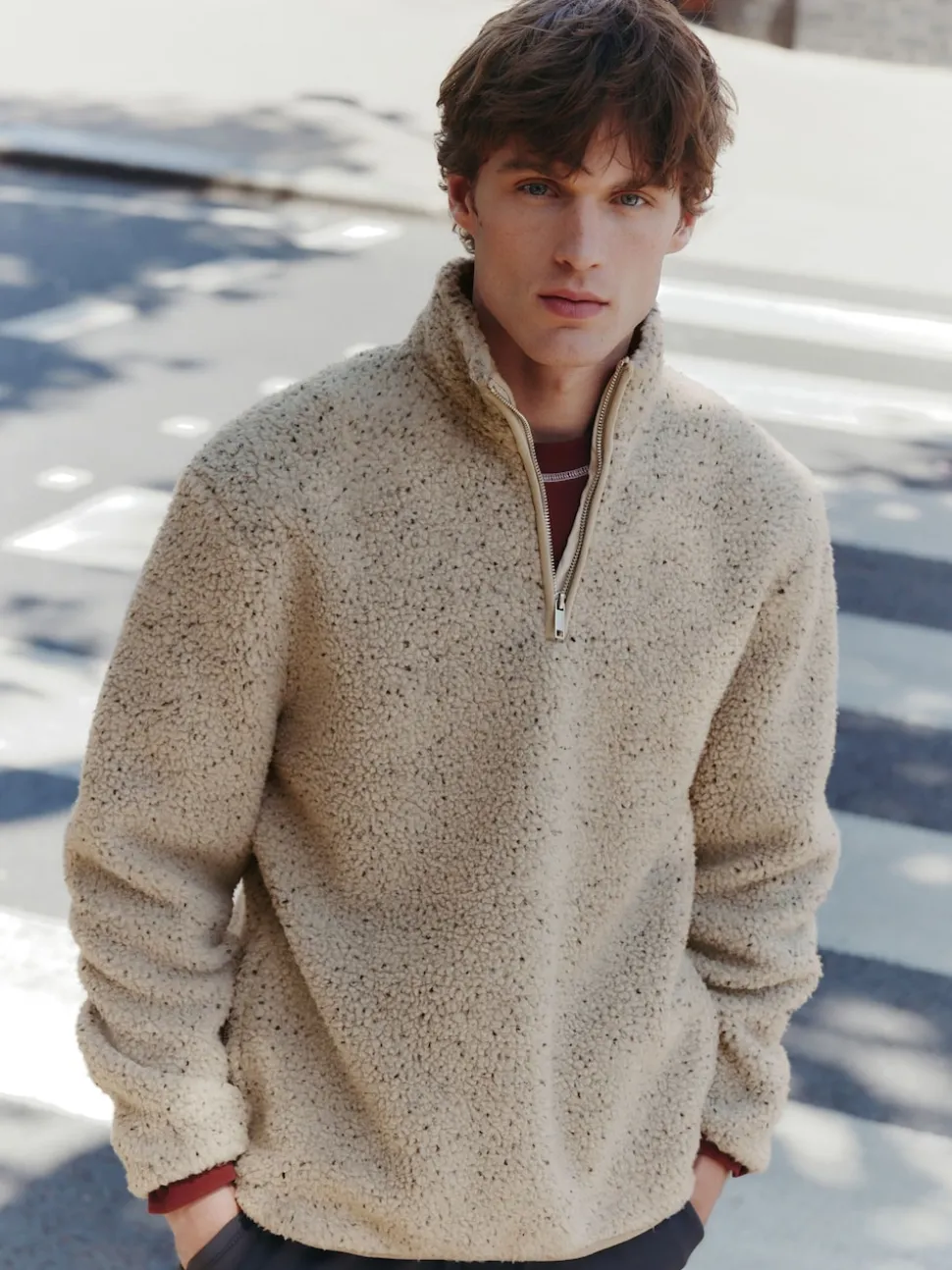 Ecru Marl Nep Borg Quarter Zip Neck Funnel Fleece