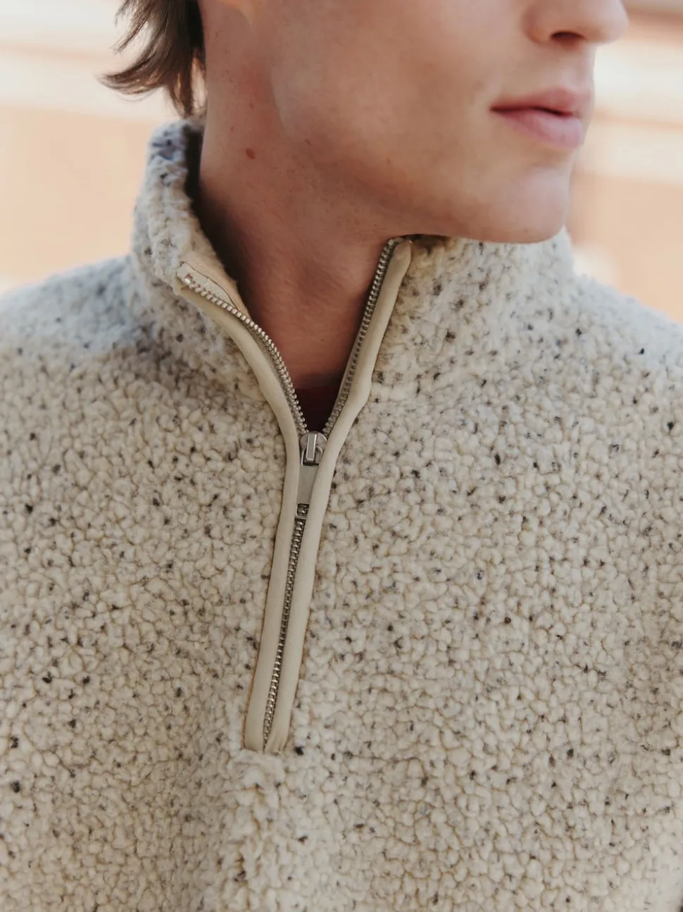 Ecru Marl Nep Borg Quarter Zip Neck Funnel Fleece