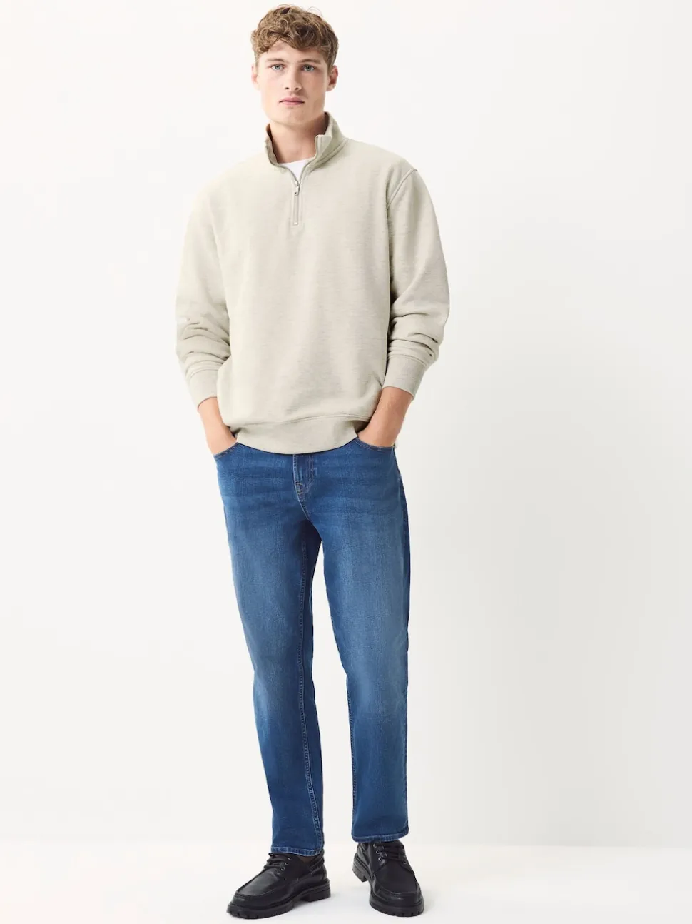 Ecru Marl Quarter Zip Cotton Rich Jersey Sweatshirt