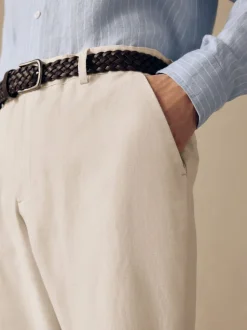 Ecru Regular Fit Smart Linen Cotton Blend Belted Trousers