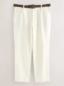 Ecru Regular Fit Smart Linen Cotton Blend Belted Trousers