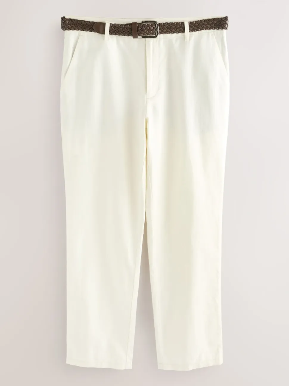 Ecru Regular Fit Smart Linen Cotton Blend Belted Trousers