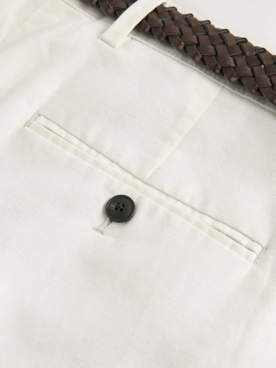 Ecru Regular Fit Smart Linen Cotton Blend Belted Trousers