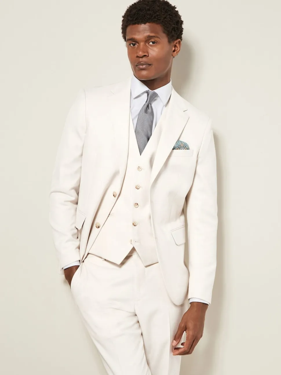 Ecru Slim Fit Textured Suit Jacket