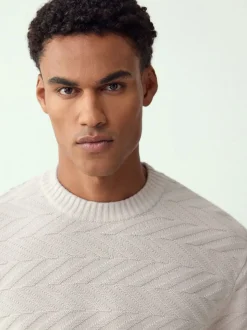 Ecru White Regular Fit Cotton Rich Chevron Cable Crew Neck Jumper