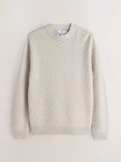 Ecru White Regular Fit Cotton Rich Chevron Cable Crew Neck Jumper