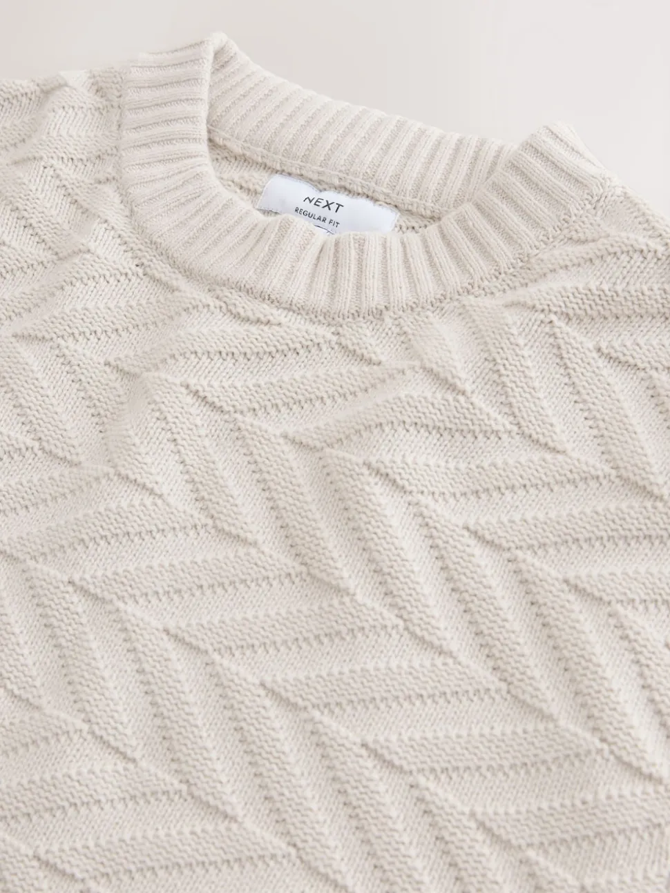 Ecru White Regular Fit Cotton Rich Chevron Cable Crew Neck Jumper