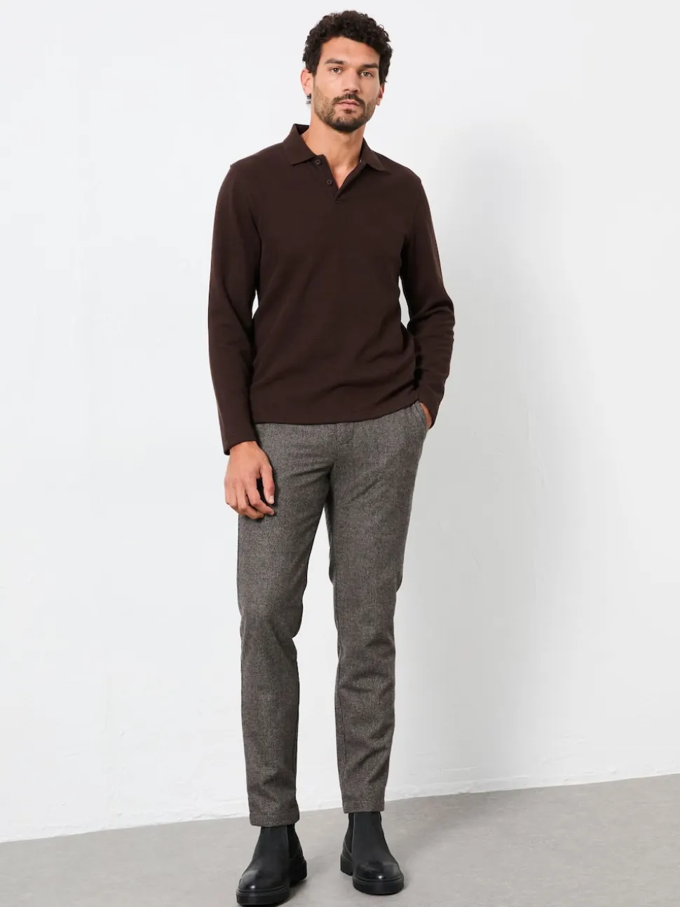 FatFace Ayr Chocolate Brown Long Sleeve Ribbed Polo