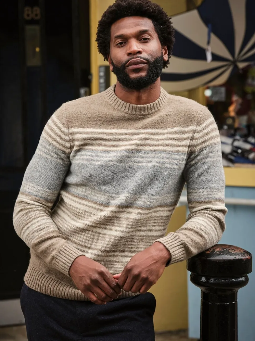 FatFace Calder Natural Stripe Crew Neck Knitted Jumper