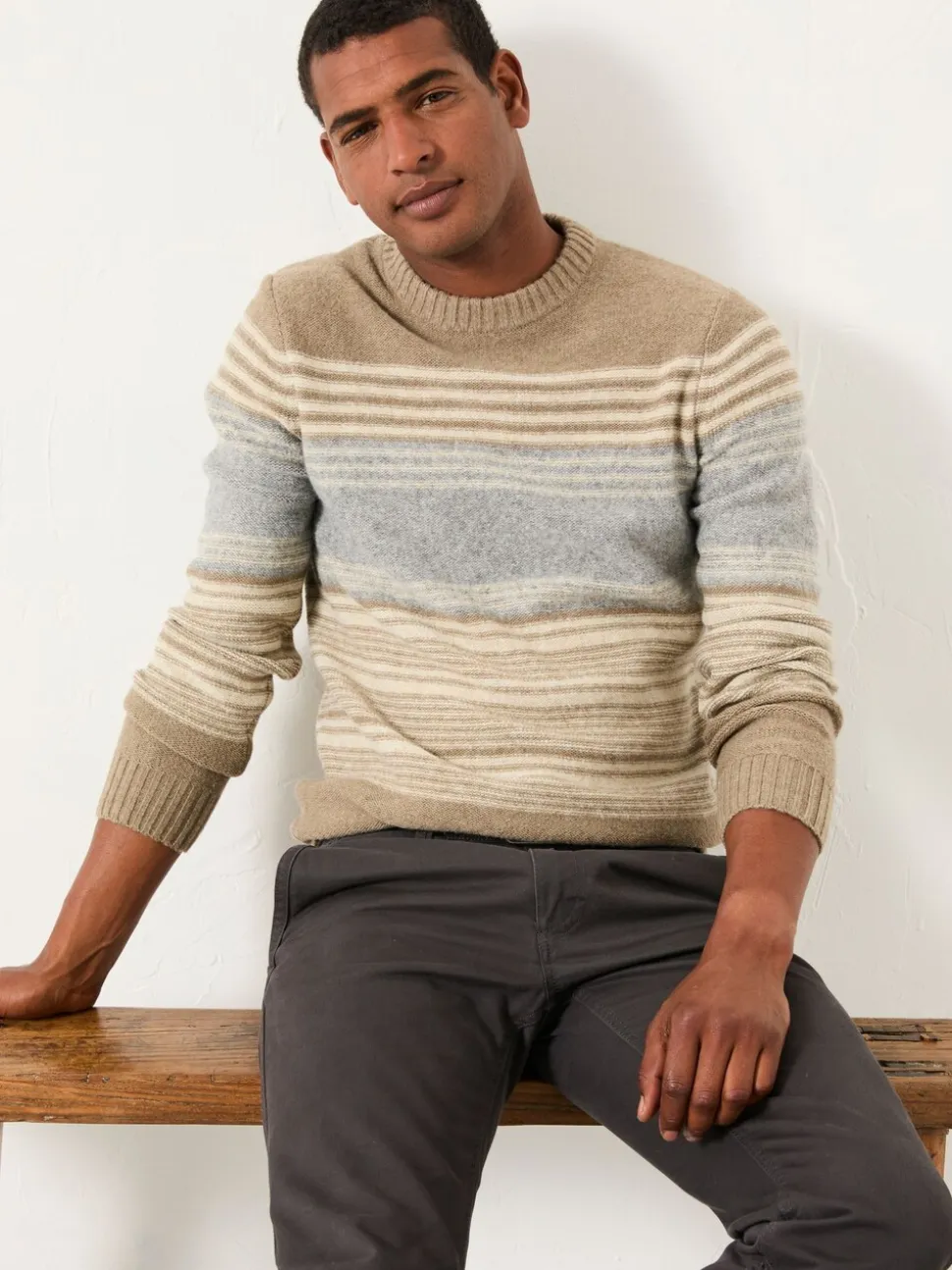 FatFace Calder Natural Stripe Crew Neck Knitted Jumper