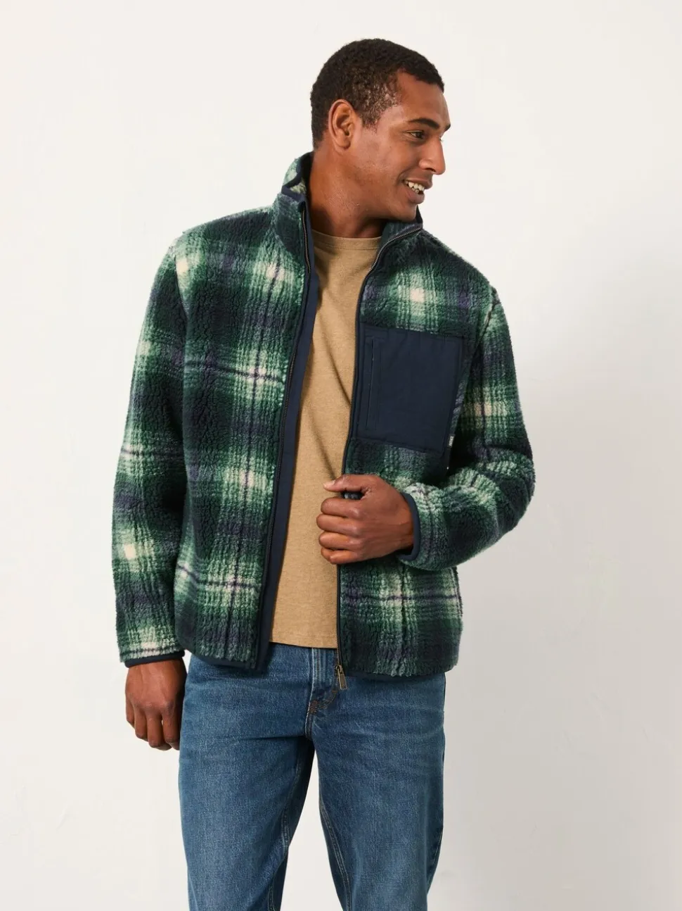 FatFace Green Check Zip Through Fleece