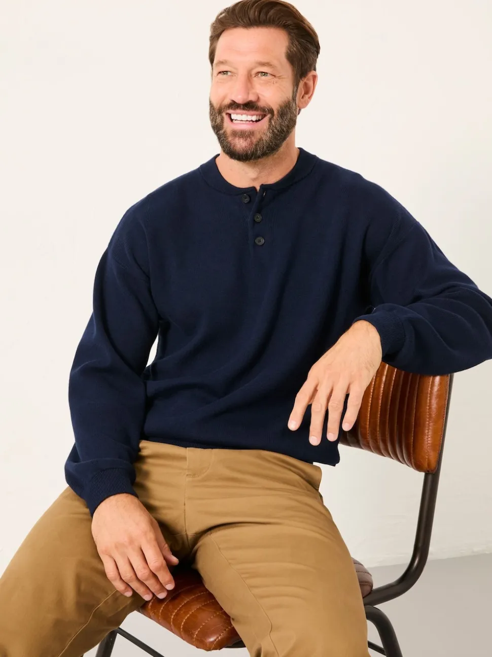 FatFace Helston Navy Knitted Crew Neck Henley