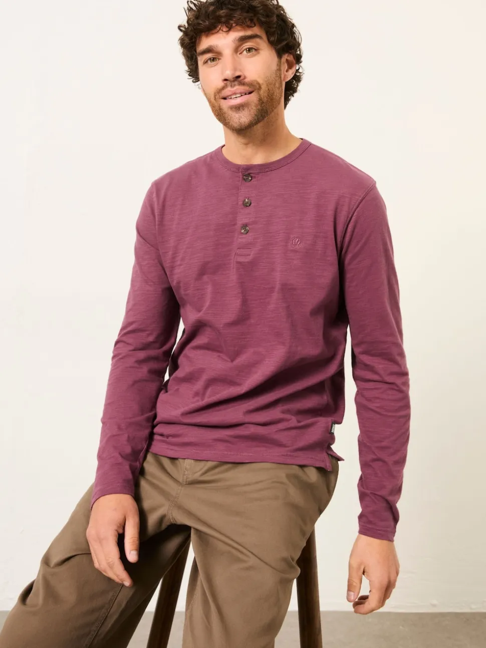 FatFace Henley Purple Long Sleeve Woodside Slub