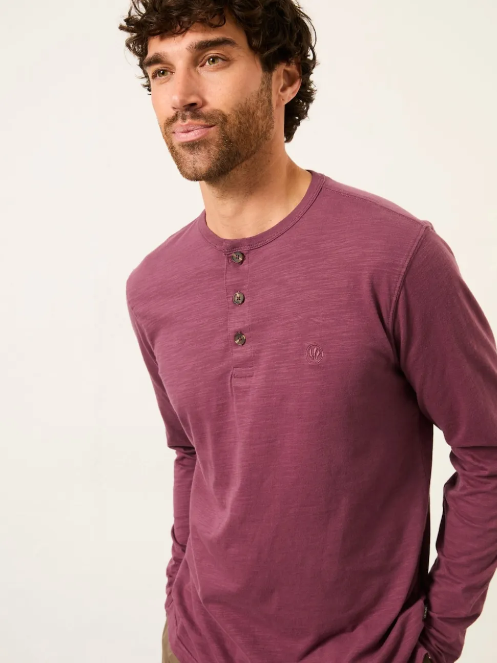 FatFace Henley Purple Long Sleeve Woodside Slub