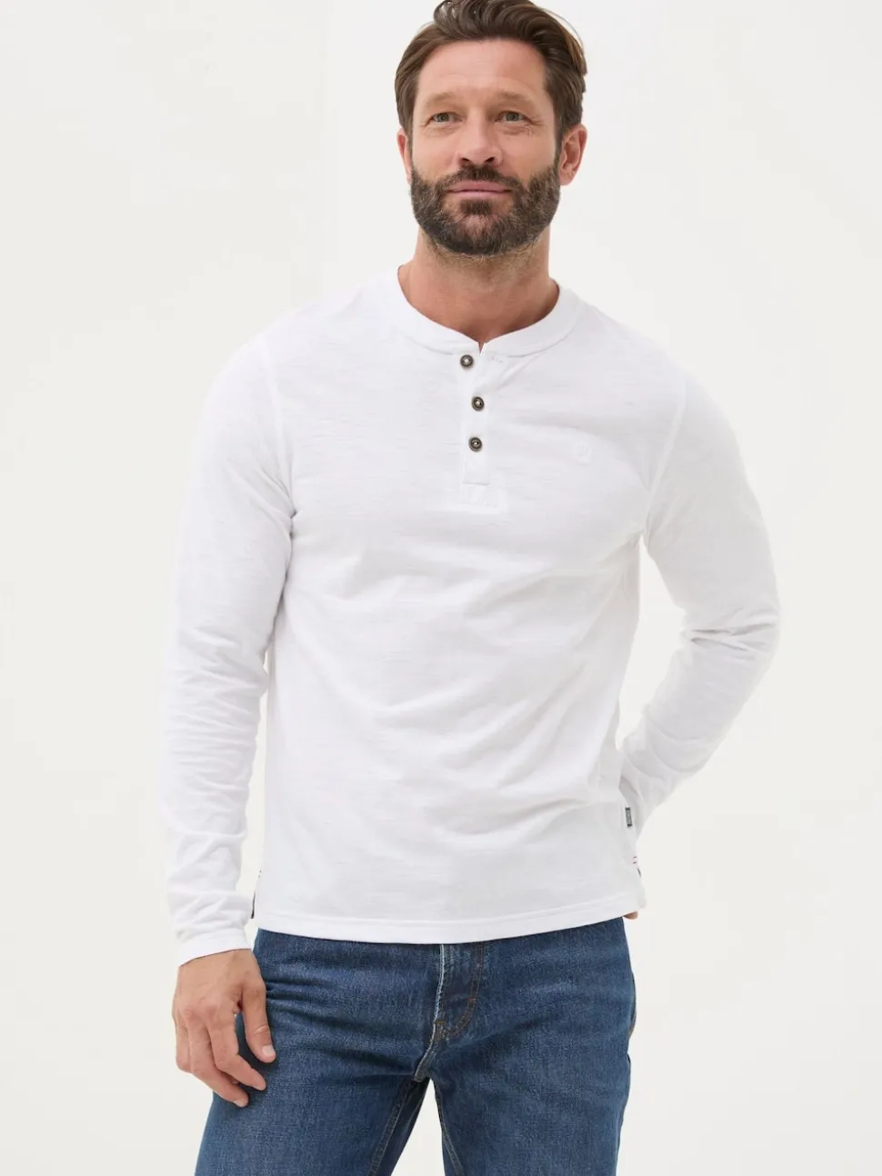 FatFace Henley White Long Sleeve Woodside Slub
