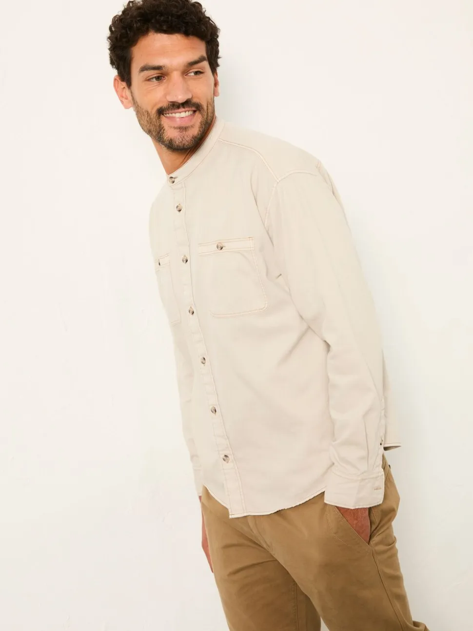 FatFace Light Natural Long Sleeve Grandad Utility Shirt
