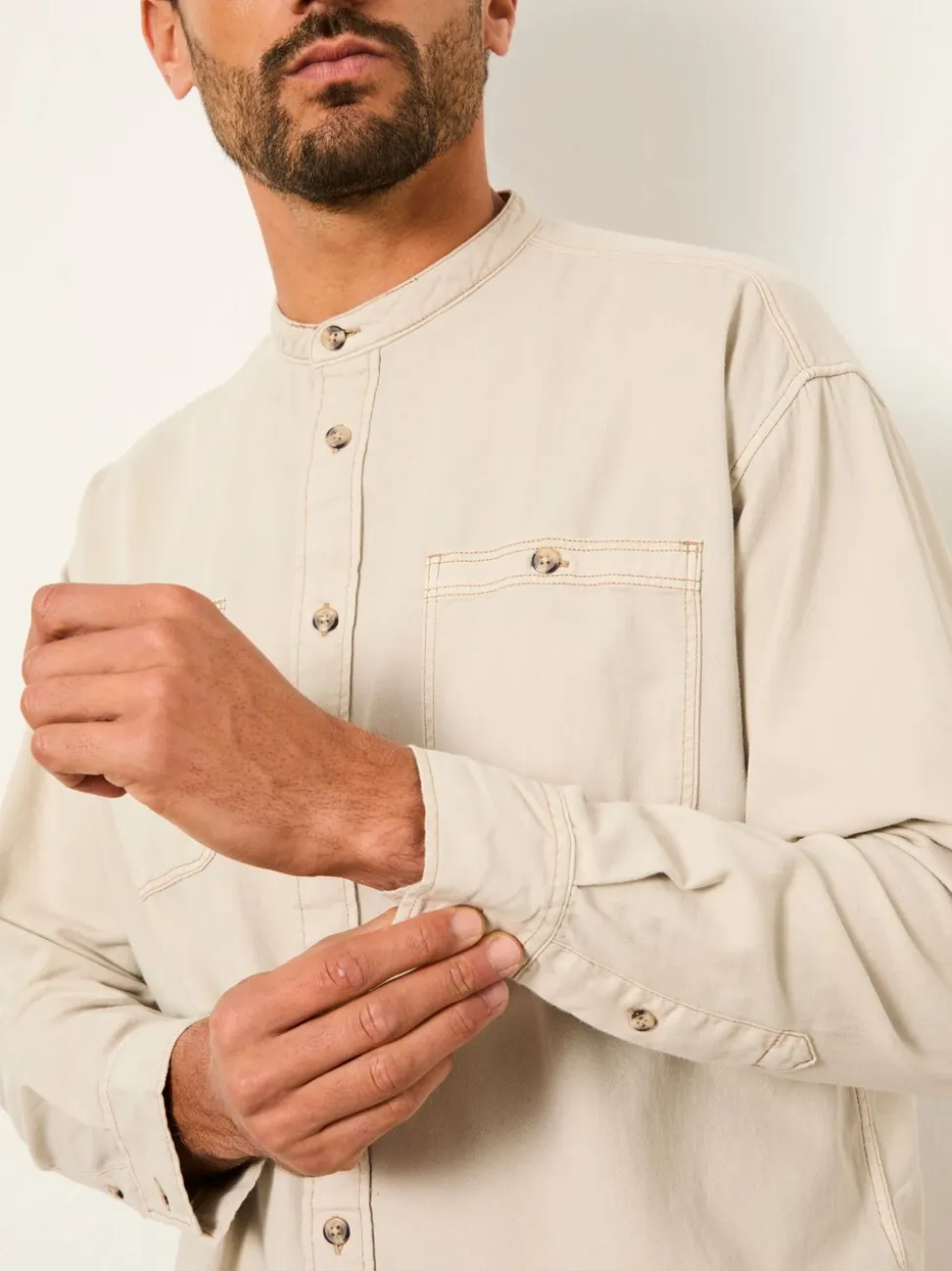 FatFace Light Natural Long Sleeve Grandad Utility Shirt