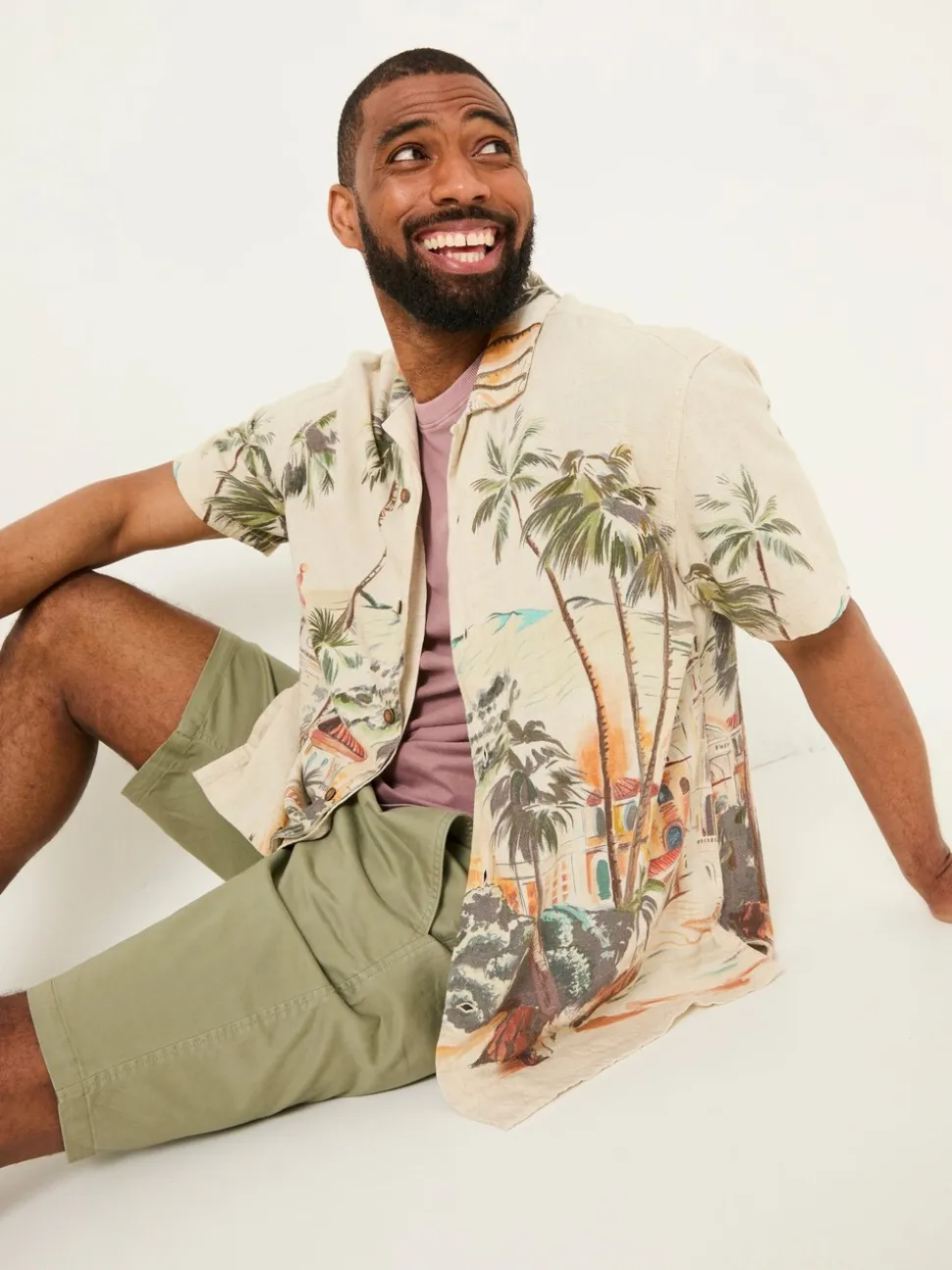 FatFace Light Natural Short Sleeve Scene Print Shirt
