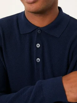 FatFace Row Navy Textured Knitted Button Polo