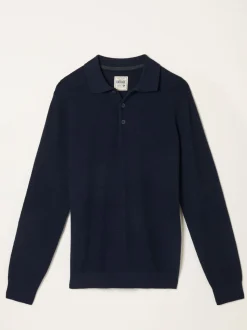 FatFace Row Navy Textured Knitted Button Polo